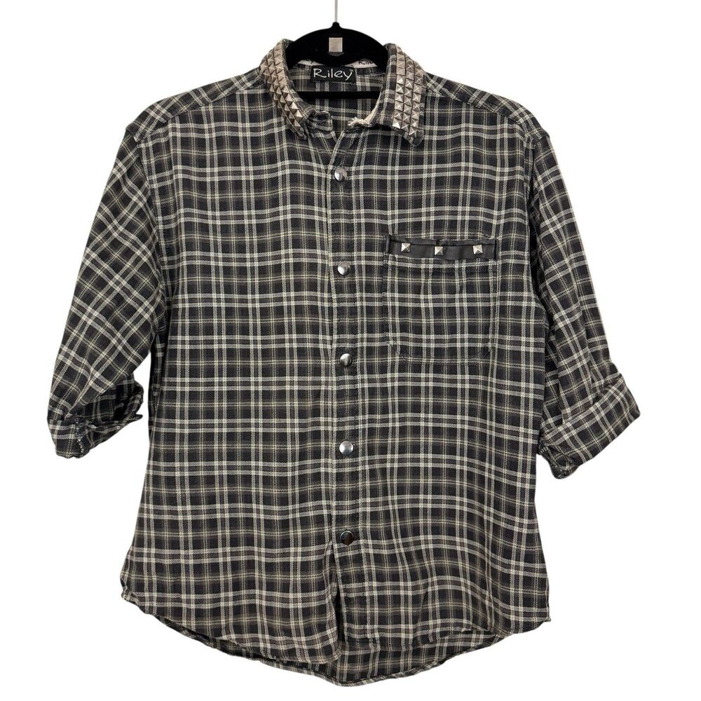 Riley Ranch Shirt Sz S Plaid Studded Cotton Distressed Short Sleeve Snap Western
